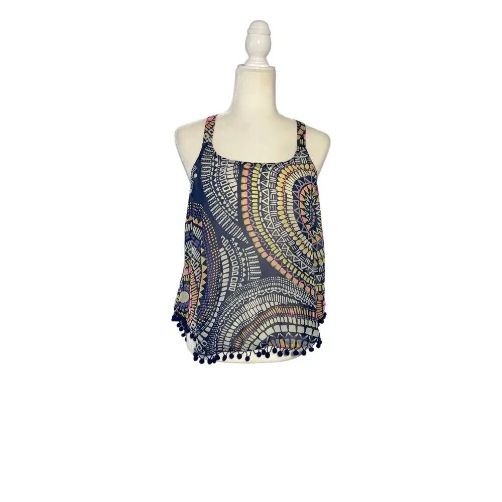 Ocean Drive beach boho medallion pattern racerback tank with Pom Pom trim - L